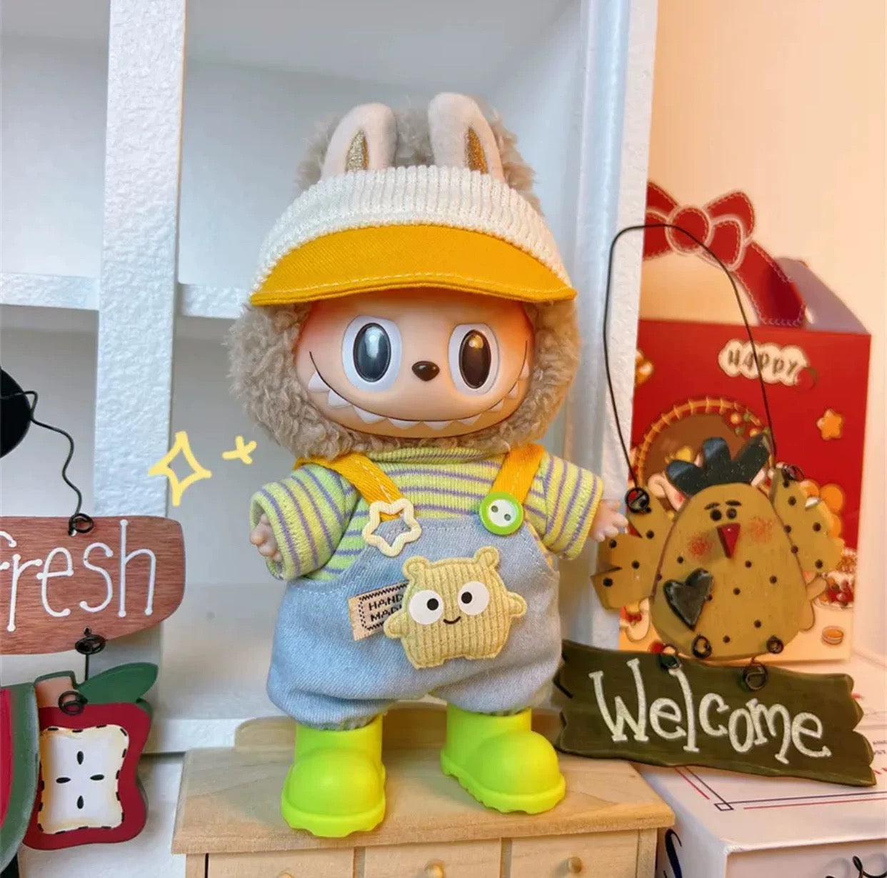 Labubu Clothing – Sunny Bear Denim Overalls & Visor Cap Set