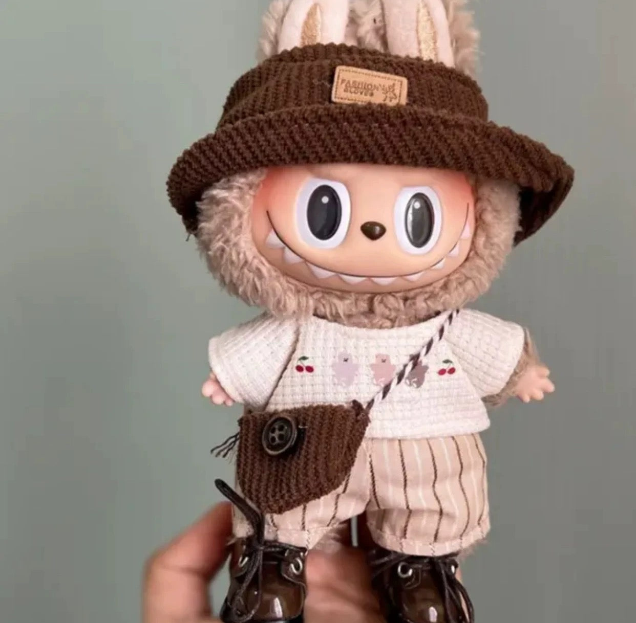 Labubu Clothing – Explorer Knit Set with Bucket Hat & Striped Pants