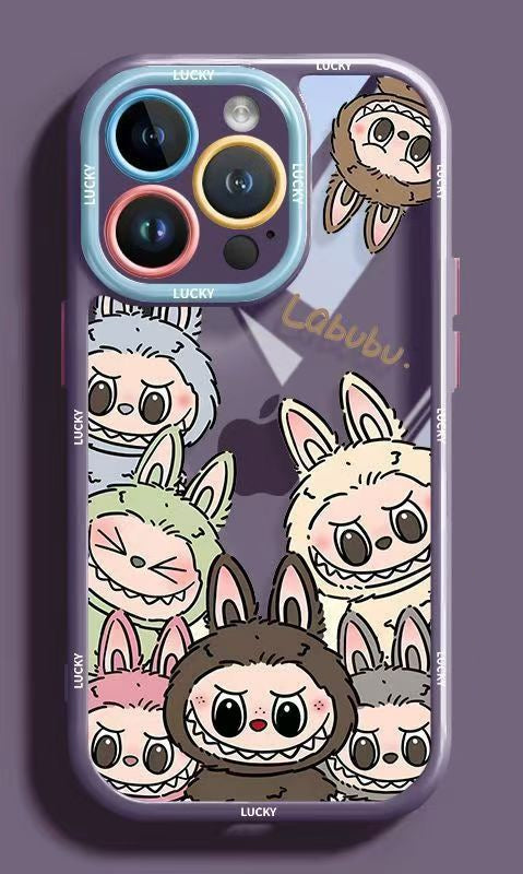 Labubu Plush-Charm Strap Phone Case – Pink & BrownLabubu Phone Case for iPhone 15 Pro Max & 16 Pro Max – Full-Coverage Lens Guard & Tsum Bunny Collage