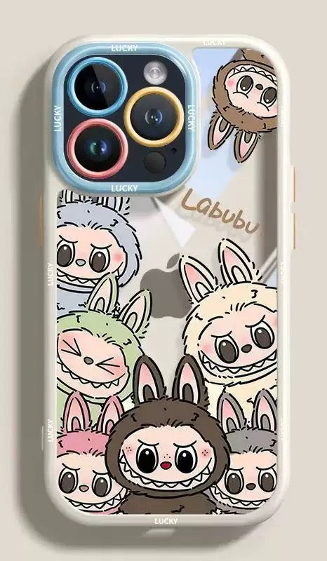 Labubu Plush-Charm Strap Phone Case – Pink & BrownLabubu Phone Case for iPhone 15 Pro Max & 16 Pro Max – Full-Coverage Lens Guard & Tsum Bunny Collage