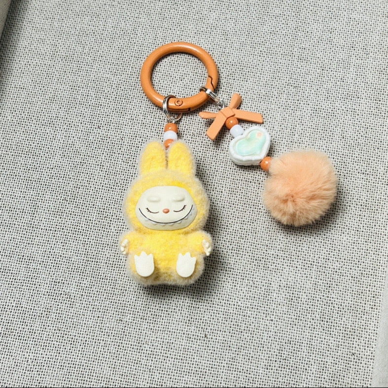 Labubu Plush Sherling Keychain – Pom-Pom & Bead Charm Accessory