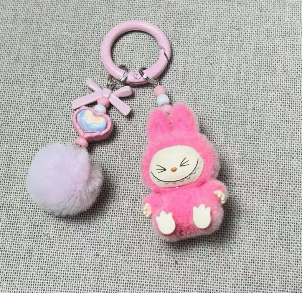 Labubu Plush Sherling Keychain – Pom-Pom & Bead Charm Accessory
