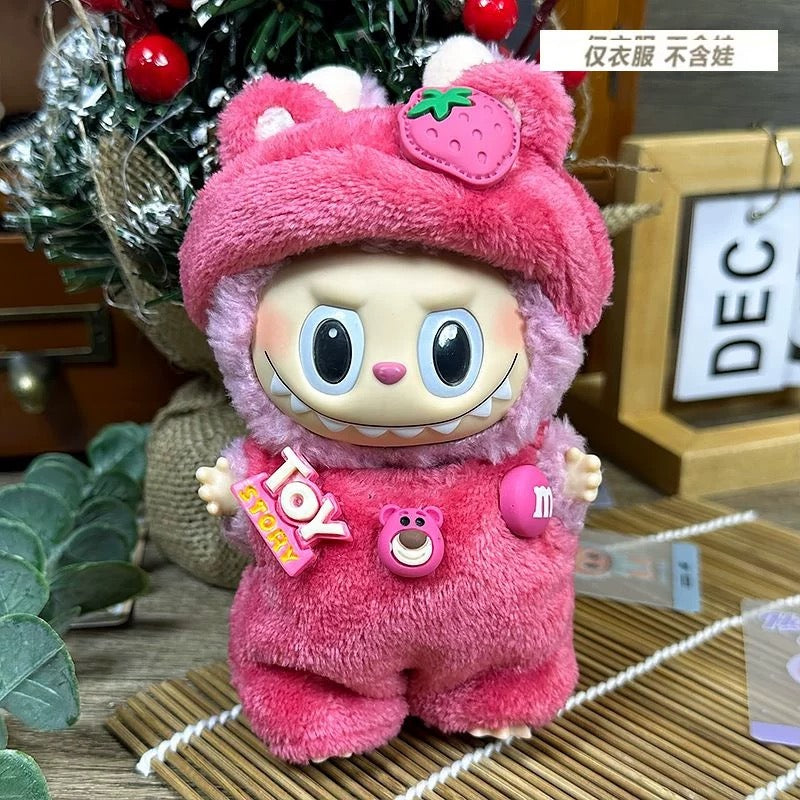 Labubu Clothing – Fluffy Pink Strawberry Sherling Fleece Onesie