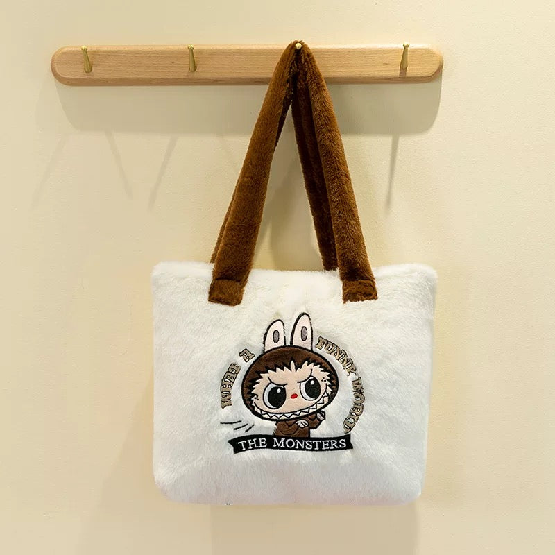 Labubu Bag – Plush Faux Fur Tote with Embroidered Monster