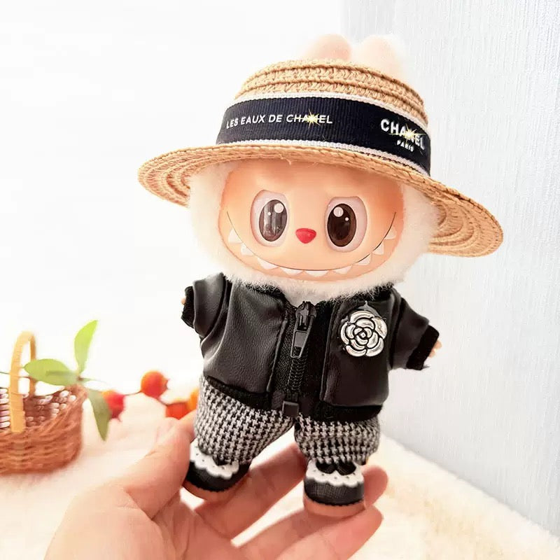 Labubu Clothing – Chanel-Inspired Straw Visor & Faux-Leather Bomber Set