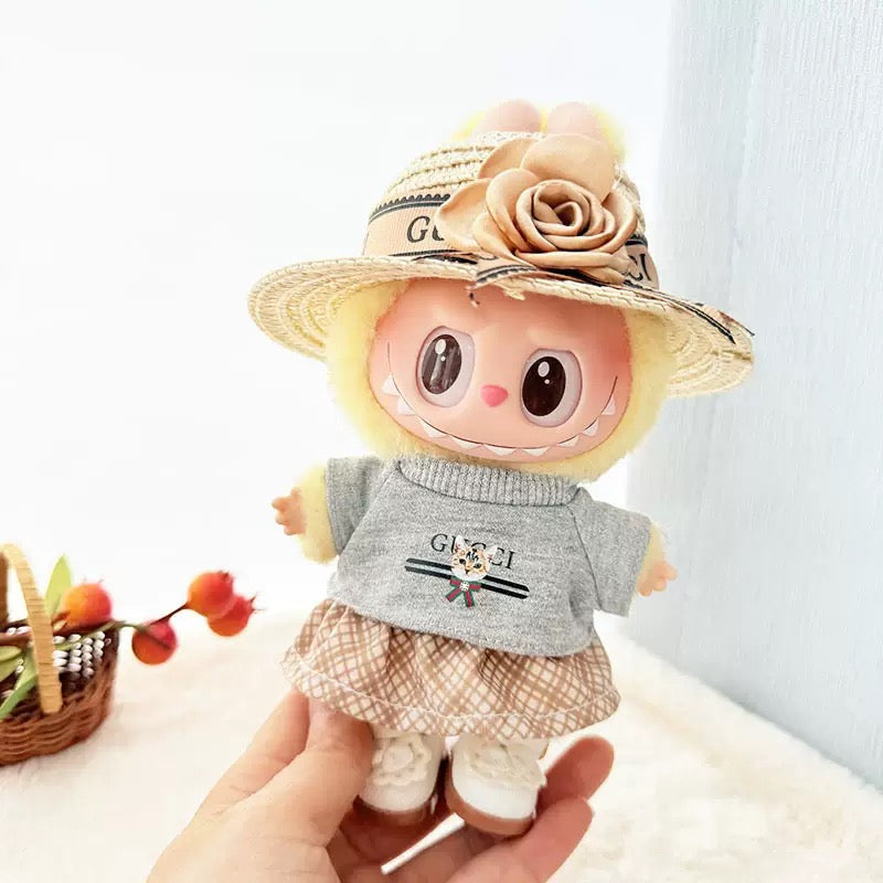 Labubu Clothing – Straw Boater Hat & Plaid Skirt Ensemble
