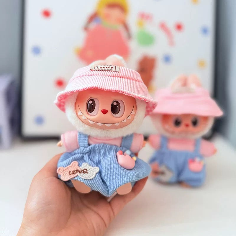 Labubu Clothing – Pastel Corduroy Bucket Hat & Blue Overalls Set